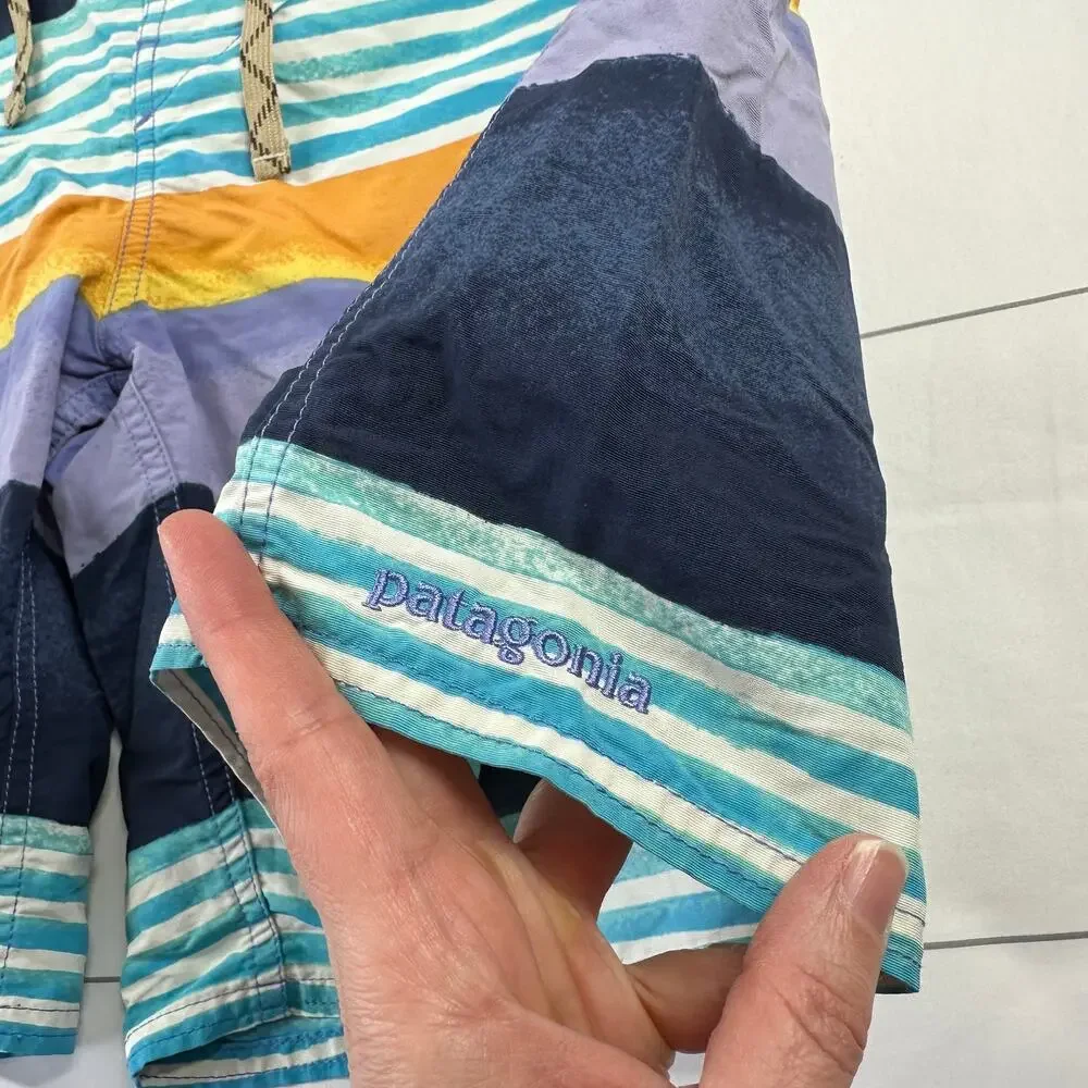 Patagonia Board Shorts Mens 35 Blue Multi Printed Wavefarer Striped Beach Swim
